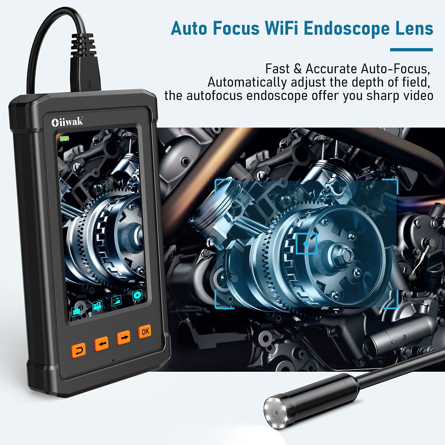 14mm Endoscope Camera Autofocus Borescope 4.3" IPS 5MP Inspection Snake Camera Pipe Sewer Waterproof Endoscope 32G