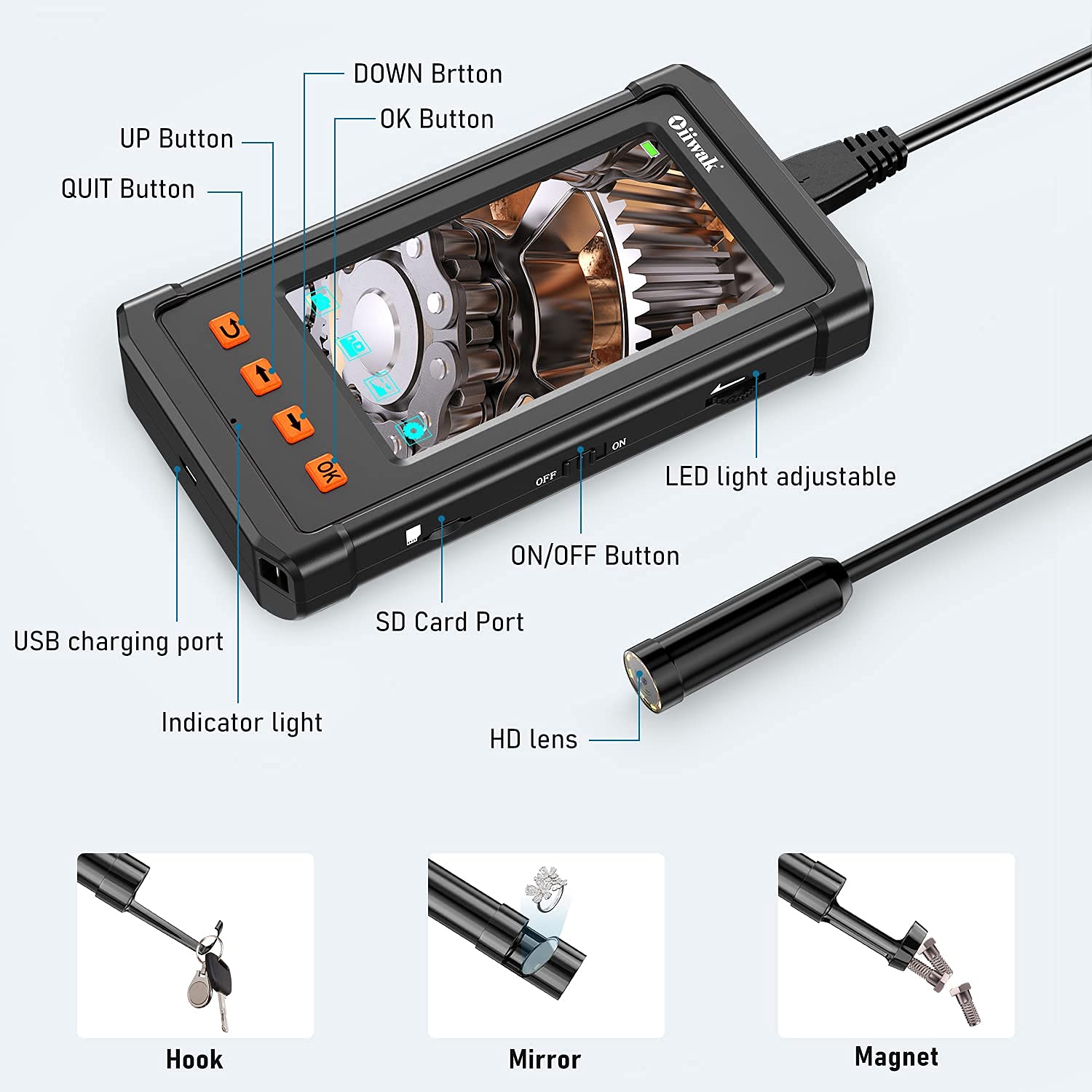 Cámara endoscópica de 14 mm endoscopio de enfoque automático 4.3 "ips 5MP inspecciona el endoscopio impermeable de la alcantarilla de la Cámara en forma de serpiente 32g