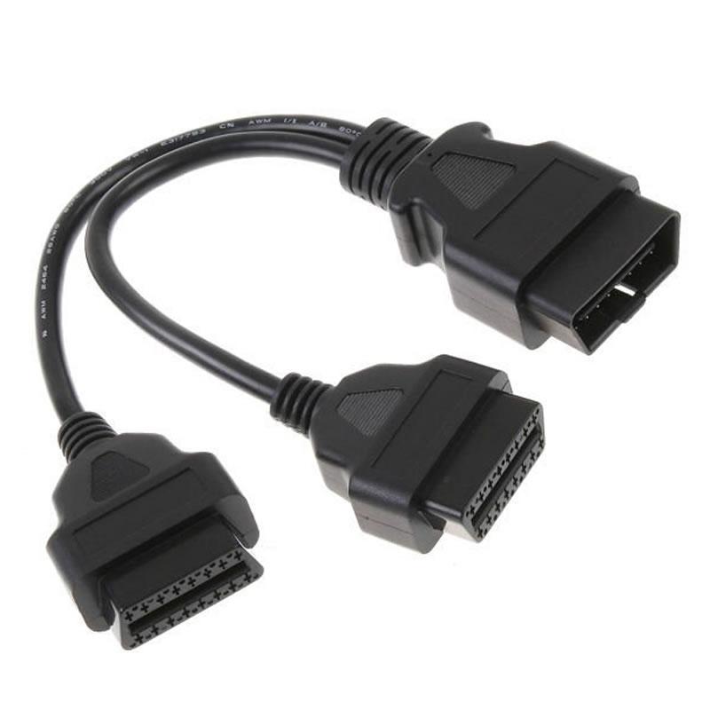 Conector de cable de extensión de 16 Pines obd2 OBDII conector de cable de extensión 1 cable masculino a 2 cable y de doble madre 30cm