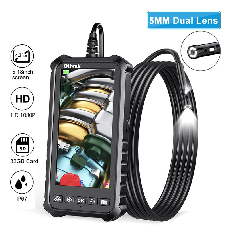 5mm Dual Lens Endoscope Mini Camera 5.18" IPS 1080P IP67 Waterproof Snake Inspection Endoscope Camera 32GB Sewer Plumbing