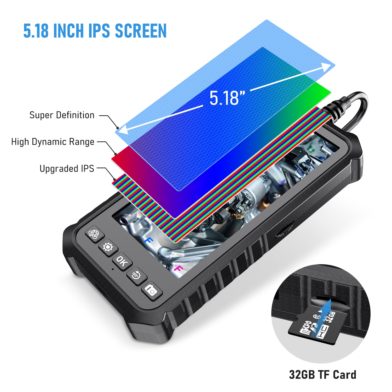 Mini cámara endoscópica de doble lente de 5 mm 5.18 "ips 1080p ip67 cámara endoscópica de detección de serpientes impermeables 32 GB de tuberías de alcantarillado