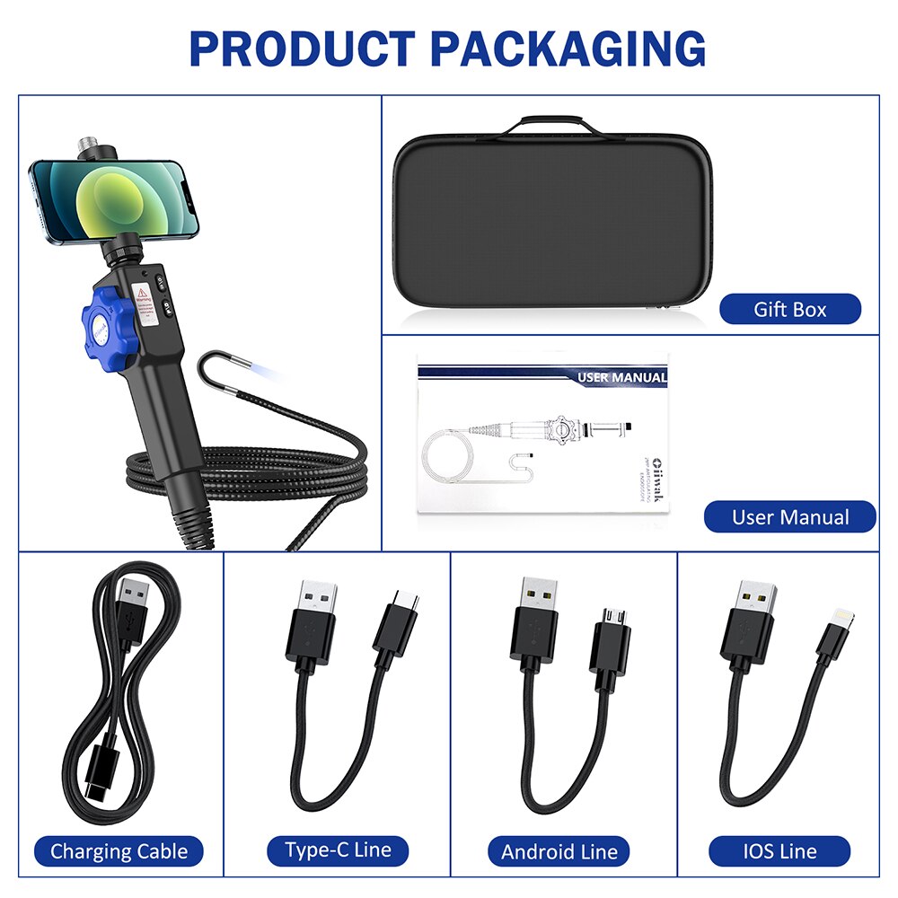 8.5MM Car Endoscope Camera 180 Degree Steering Industrial Endoscope Inspection Camera for Car 8 LED for iPhone Android PC