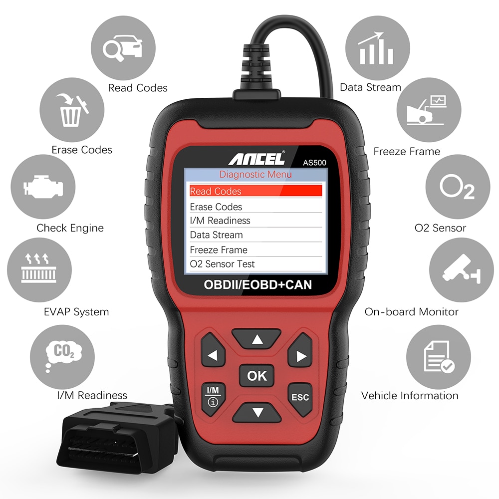 Ancel as500 obd2 lector de código profesional de escáneres automotrices herramienta de diagnóstico automático para comprobar el diagnóstico multilingüe y multimarca del motor