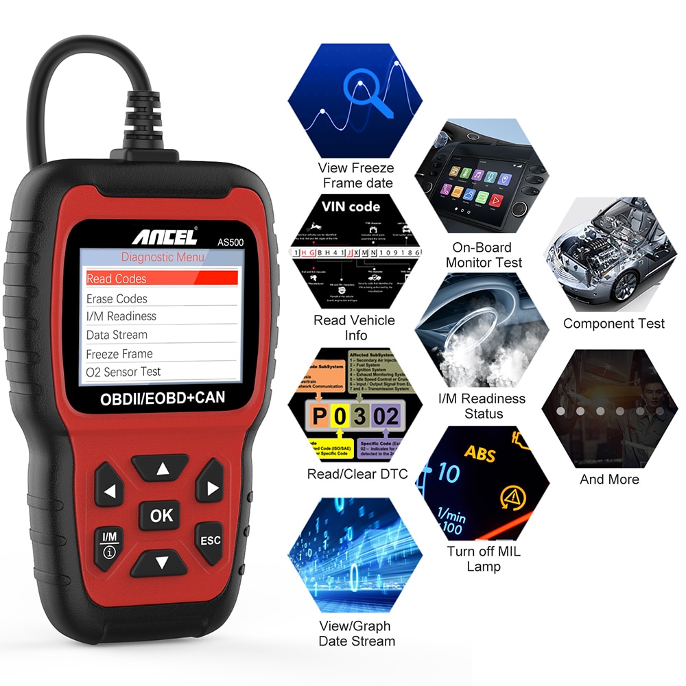 Ancel as500 obd2 lector de código profesional de escáneres automotrices herramienta de diagnóstico automático para comprobar el diagnóstico multilingüe y multimarca del motor