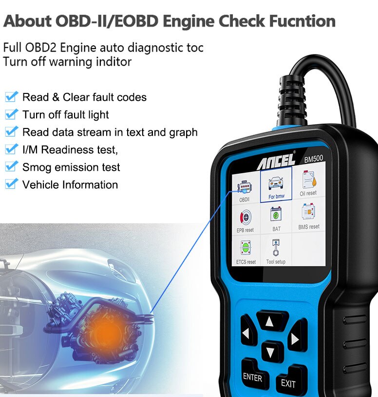 Escáneres Ancel bm500 obd2 todo el sistema herramienta de diagnóstico automotriz motor ABS SRS SAS EPB etc BMS PCM aceite restablece escáneres automotrices BMW