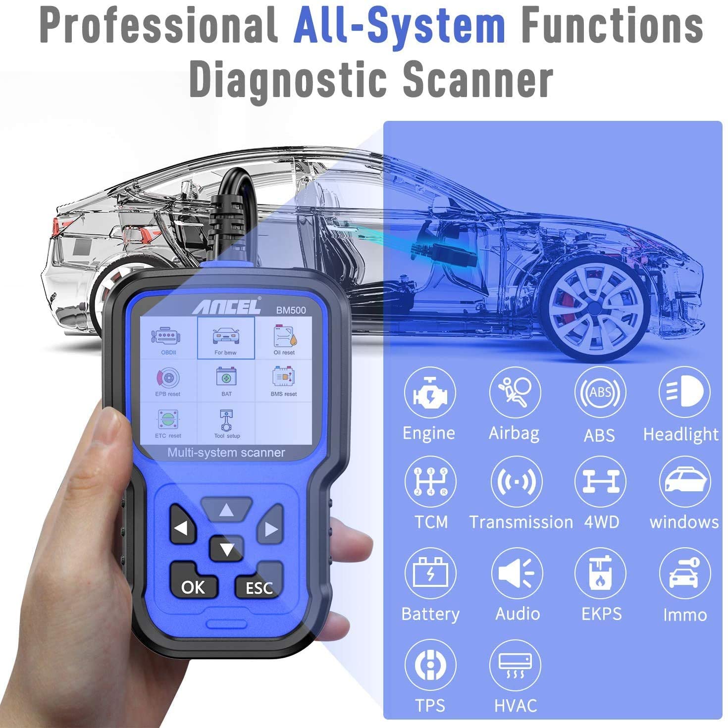 Escáneres Ancel bm500 obd2 todo el sistema herramienta de diagnóstico automotriz motor ABS SRS SAS EPB etc BMS PCM aceite restablece escáneres automotrices BMW