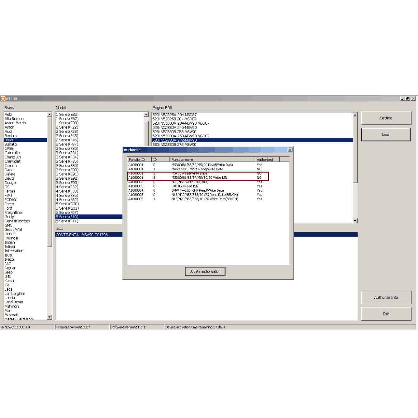 BMW msd80 / msd81 / msd85 / msd87 / msv80 / msv90 escribe actualizaciones at - 200 de isn y msv80 Lee / escribe isn, respalda y recupera datos