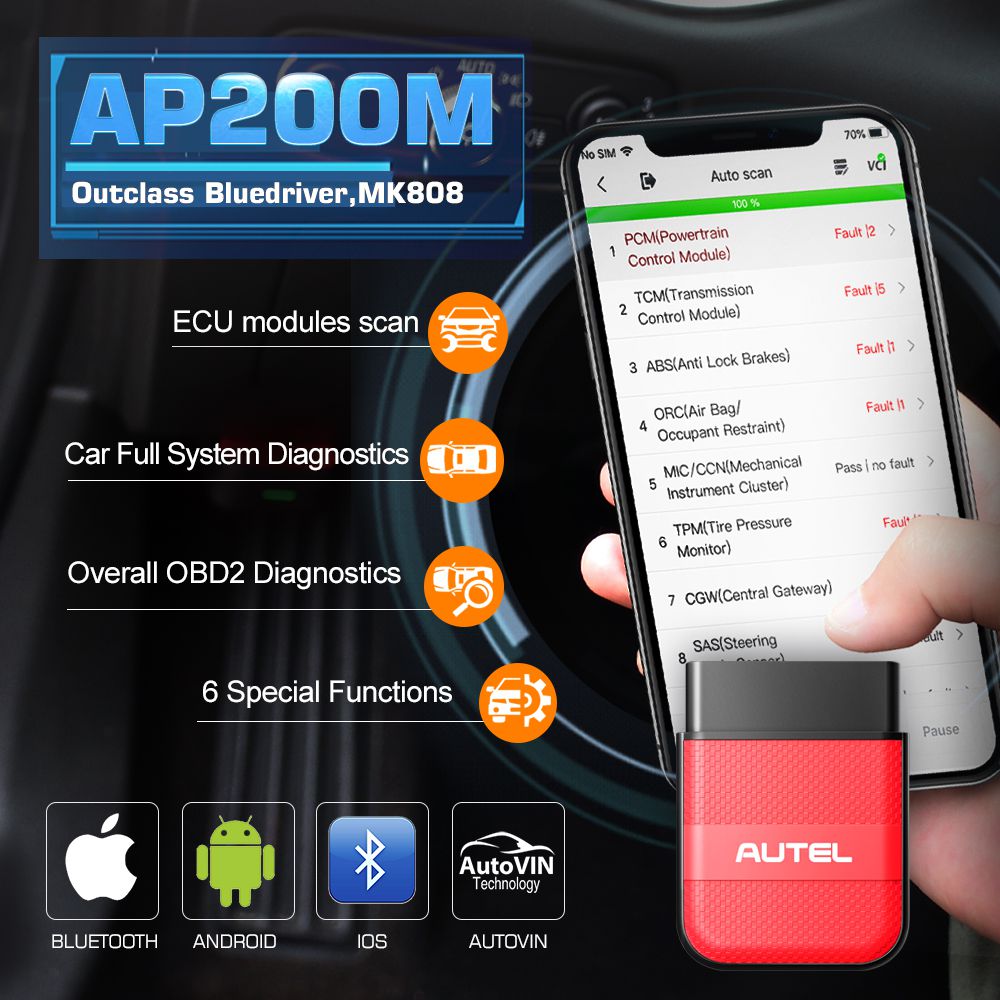 Autel AP200M Bluetooth OBD2 Code Reader with Full Systems Diagnoses AutoVIN Oil/EPB/BMS/SAS/TPMS/DPF Resets IMMO Service