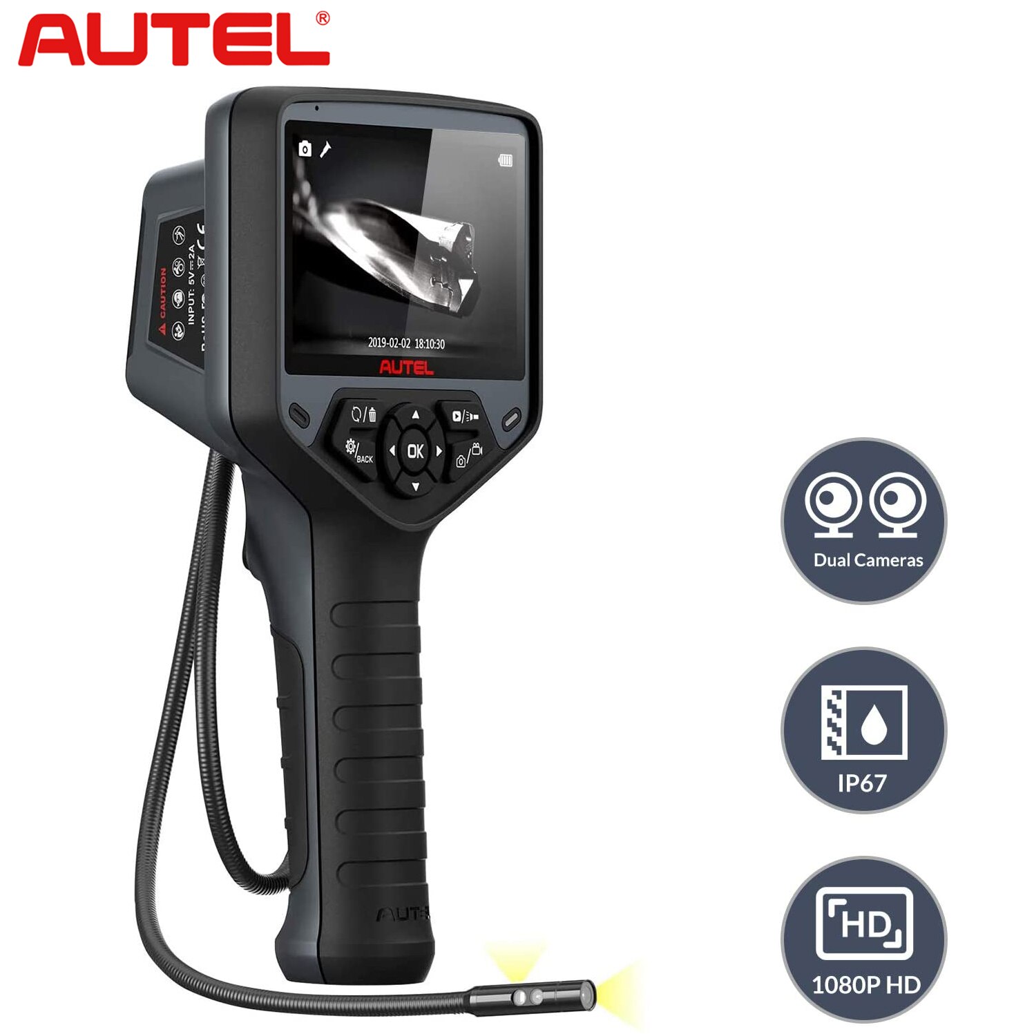 Autel MV480 Industrial Endoscope/Borescope,Dual Lens 8.5mm Inspection Camera with 7X Zoom,2MP,a Waterproof Cable,for Car/Wall