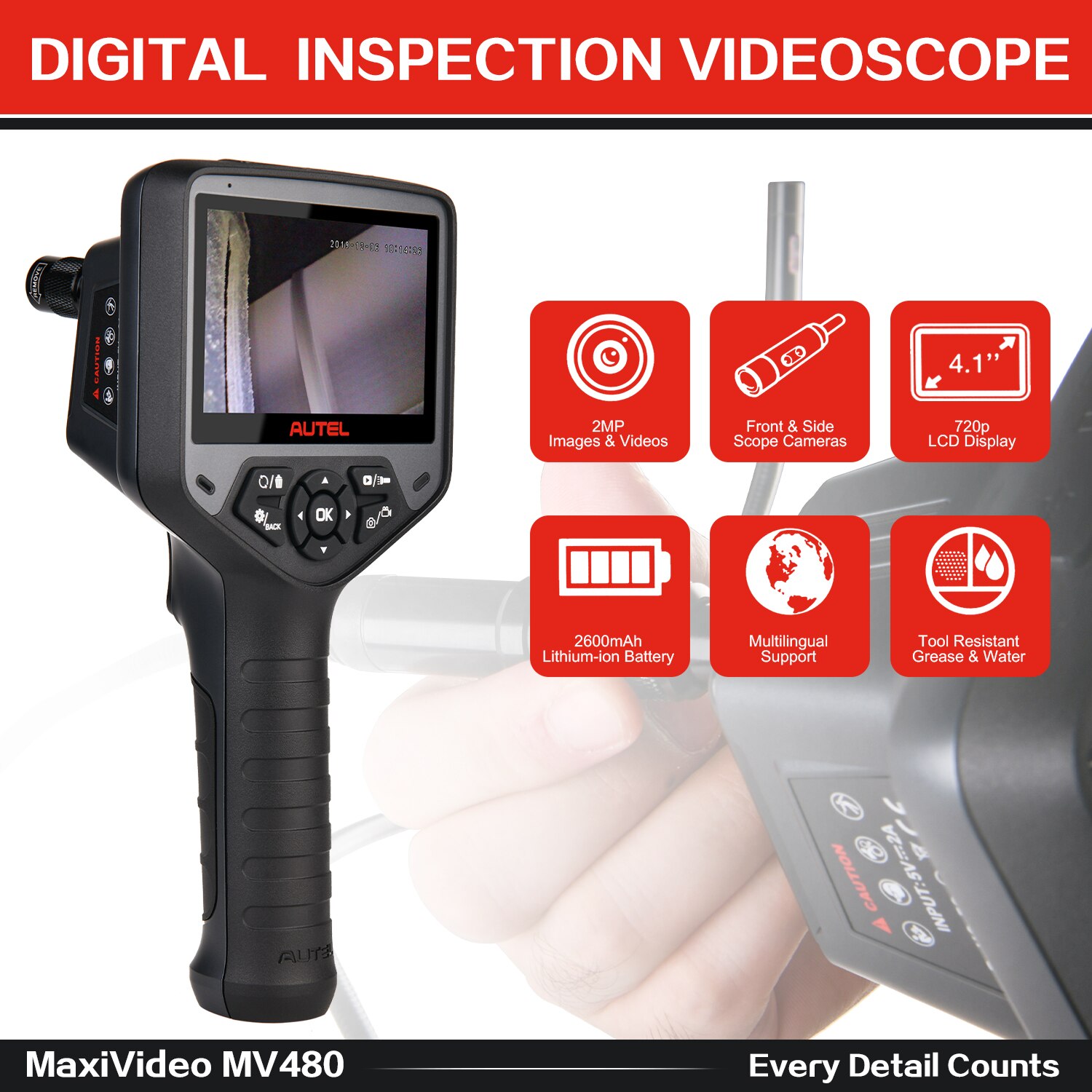 Autel MV480 Industrial Endoscope/Borescope,Dual Lens 8.5mm Inspection Camera with 7X Zoom,2MP,a Waterproof Cable,for Car/Wall