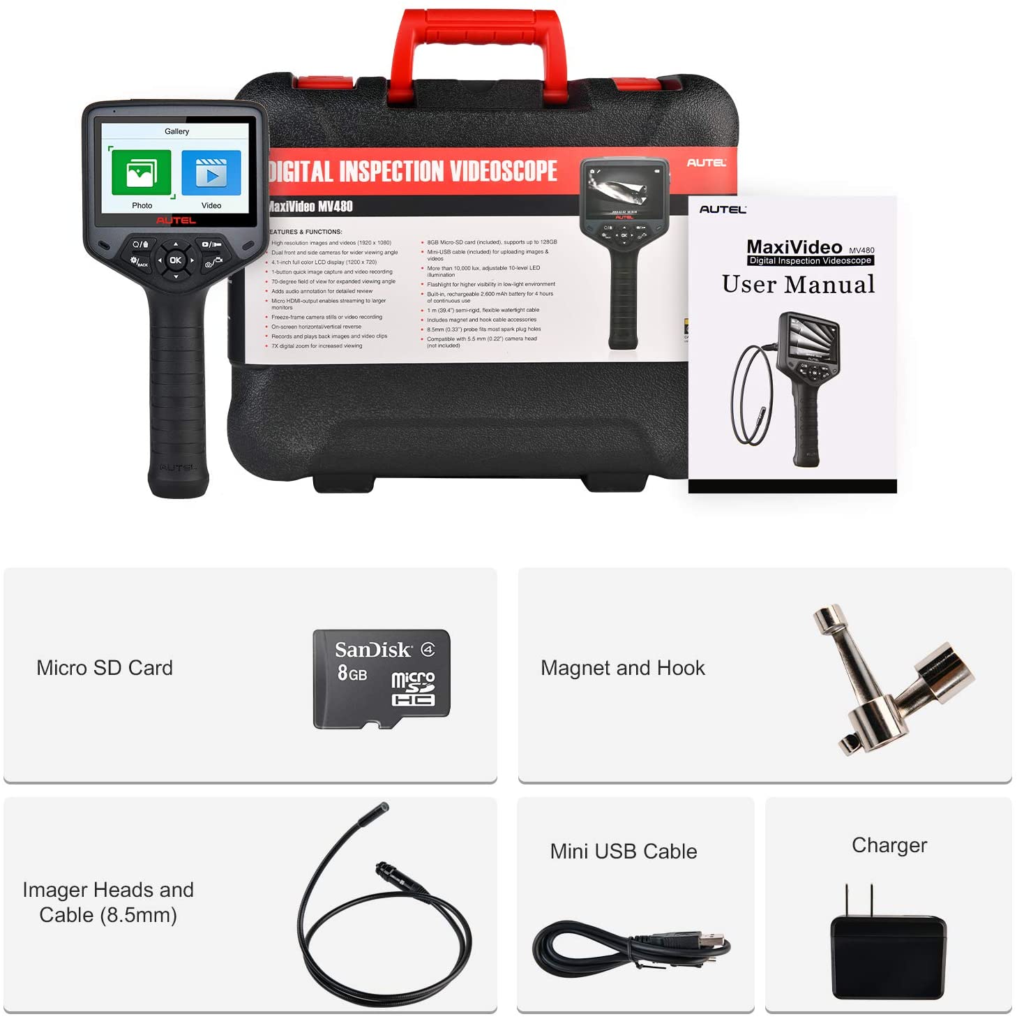 Autoel mv480 endoscopio industrial / endoscopio, Cámara de inspección de doble lente de 8,5 mm, zoom 7x, 2mp, cable impermeable, adecuado para automóviles / paredes