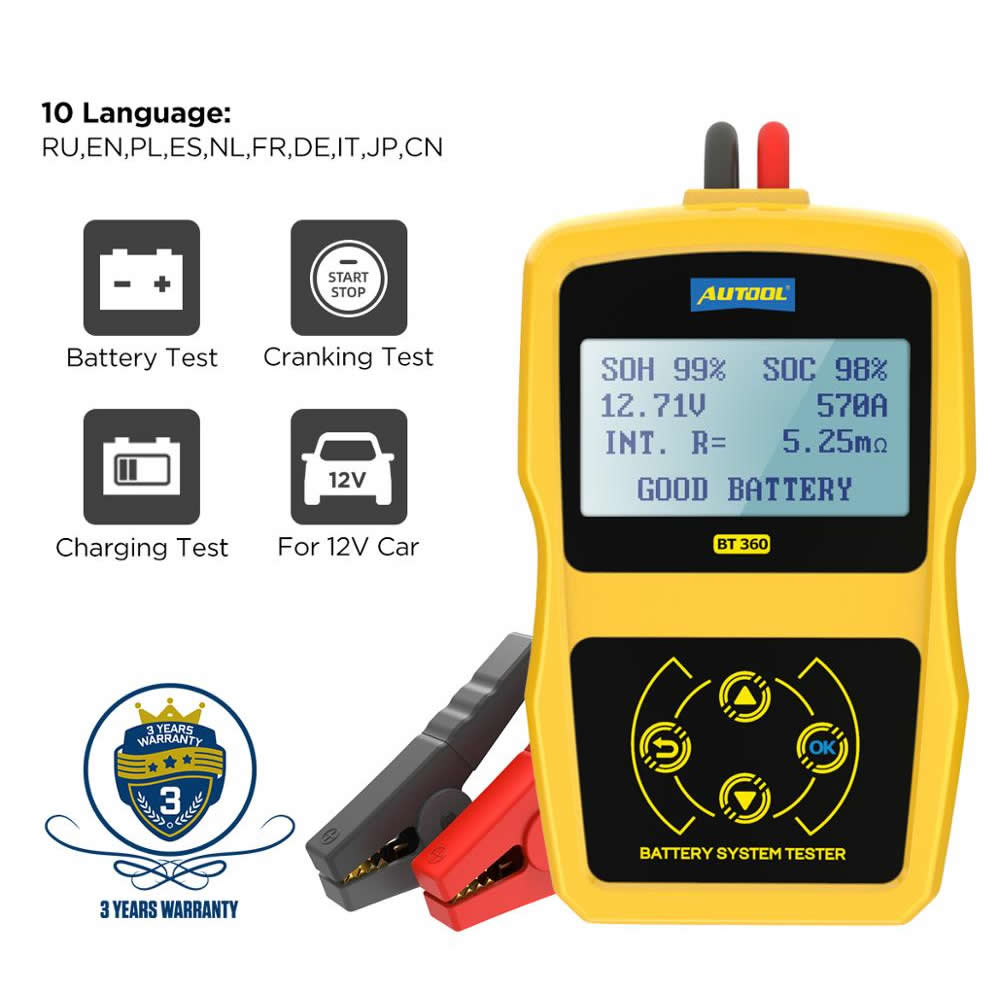 AUTOOL BT360 12V Car Battery Tester Digital Automotive Diagnostic Battery Tester Analyzer Vehicle Cranking Charging Scanner Tool