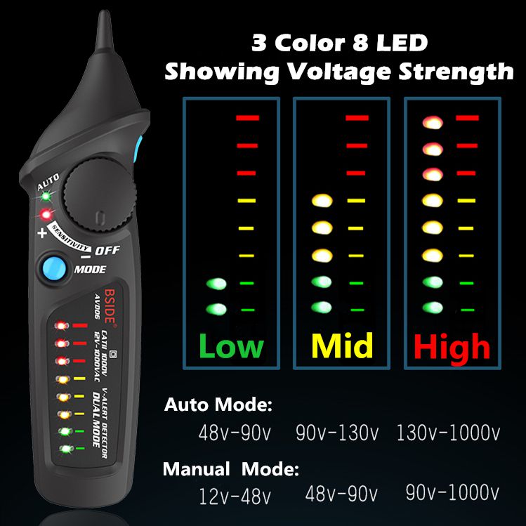 BSIDE AVD06 Dual Mode Non-contact Voltage Detector AC 12-1000V Auto/Manual NCV Tester Live Wire Check Sensitivity Adjustable