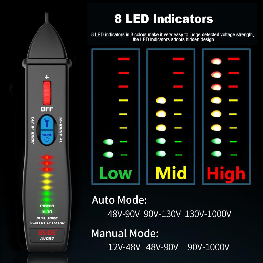 Indicador de detector de tensión no controlado bside avd07 detector inteligente de pluma eléctrica encendido / neutro distinción de línea inspección de continuidad ncv