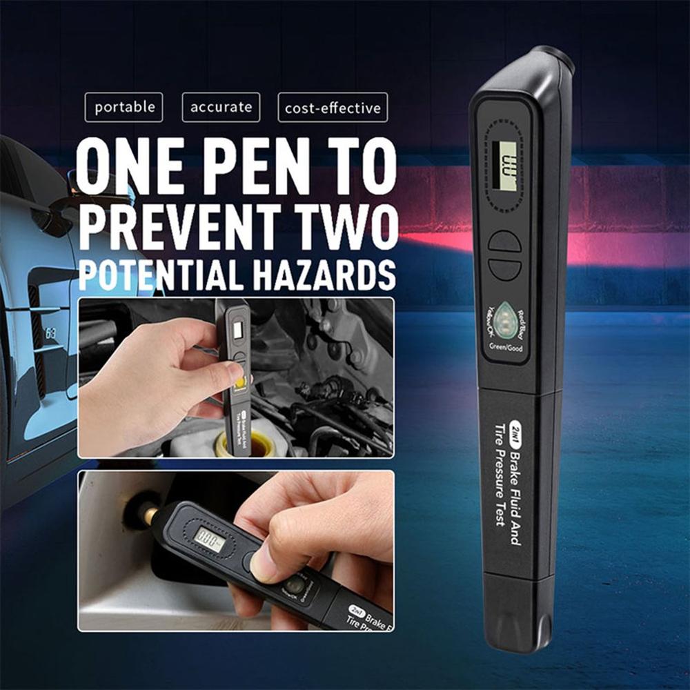 Brake Fluid and Tire Pressure 2 in 1 Tester Brake Fluid Test Pen Pressure Gauge 2 in 1 Digital LCD Screen Detection