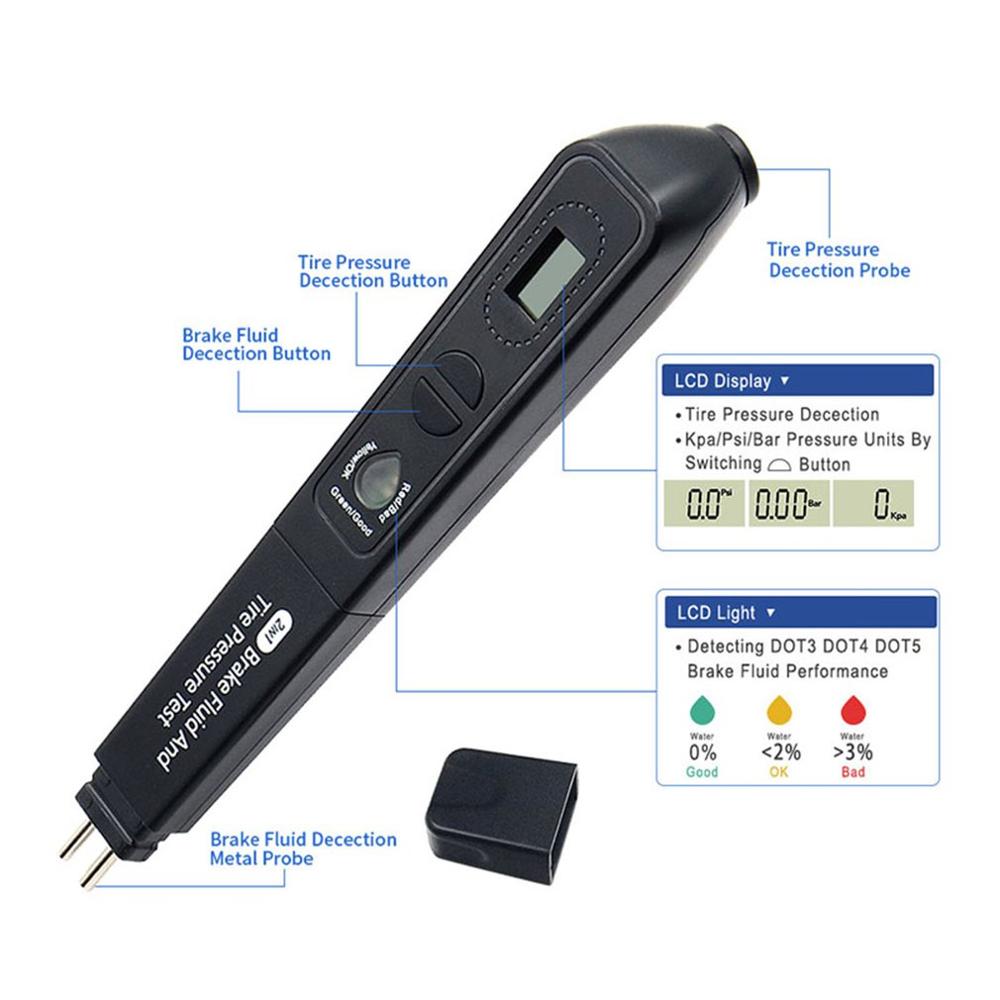 Líquido de freno y presión del neumático 2 en 1 probador de líquido de freno medidor de presión de la pluma de prueba de líquido de freno 2 en 1 detección de pantalla LCD digital