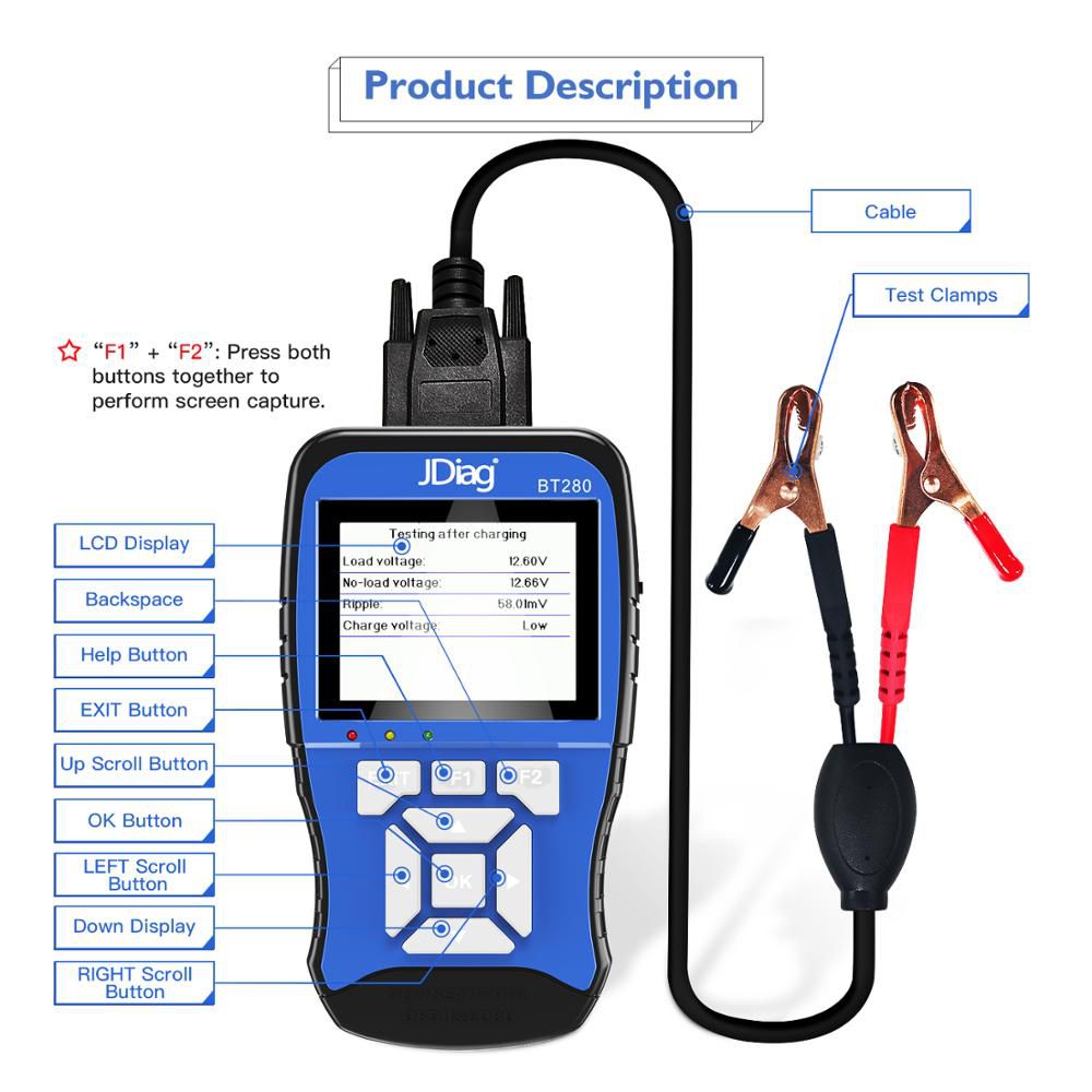 Jdiag bt280 analizador profesional de baterías para probadores de baterías generales para automóviles, camiones, barcos, motocicletas, etc.