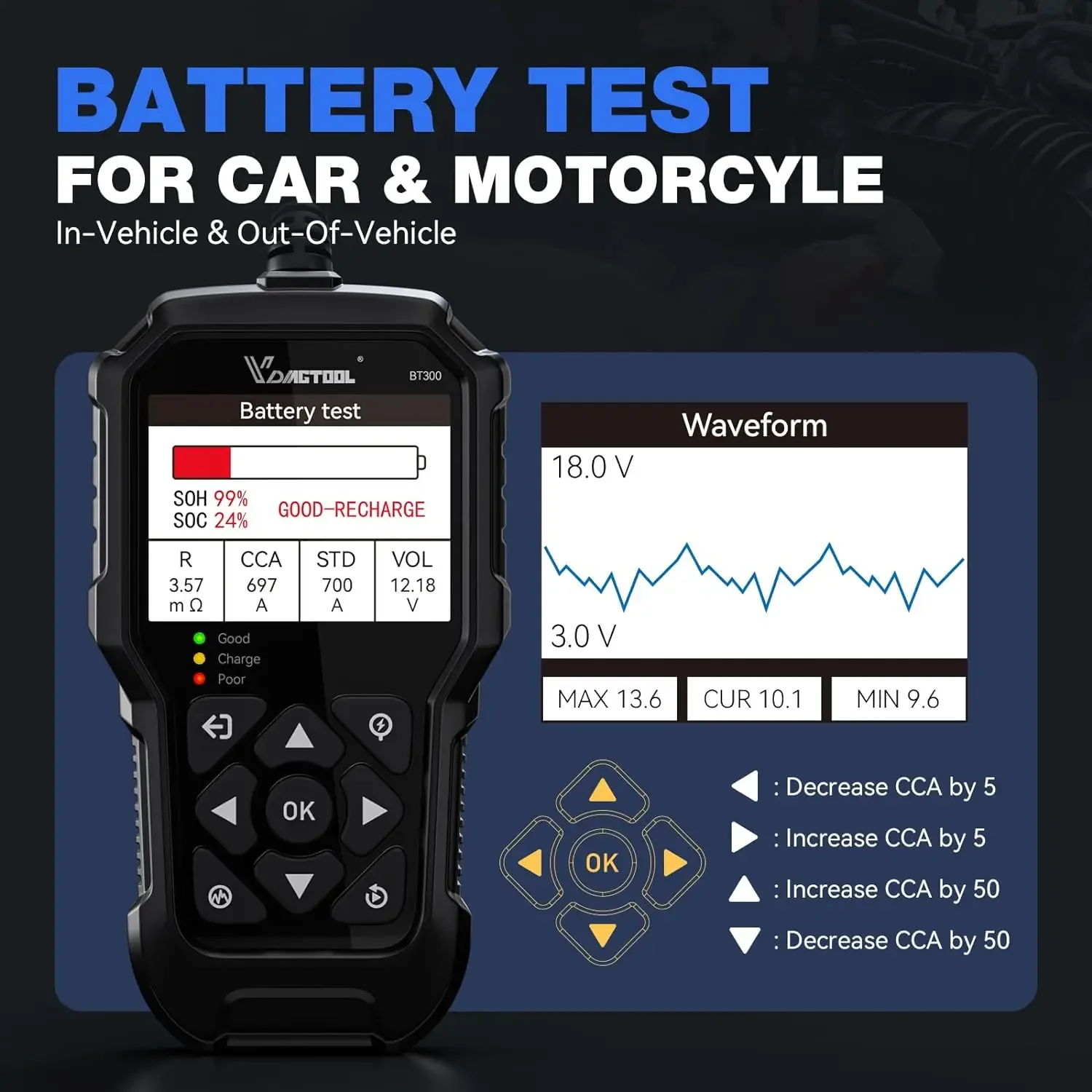 VDIAGTOOL BT300 Car Battery Tester Automotive Diagnostic Charging Cranking Test LED light Waveform playback Print for 6V 12V Car