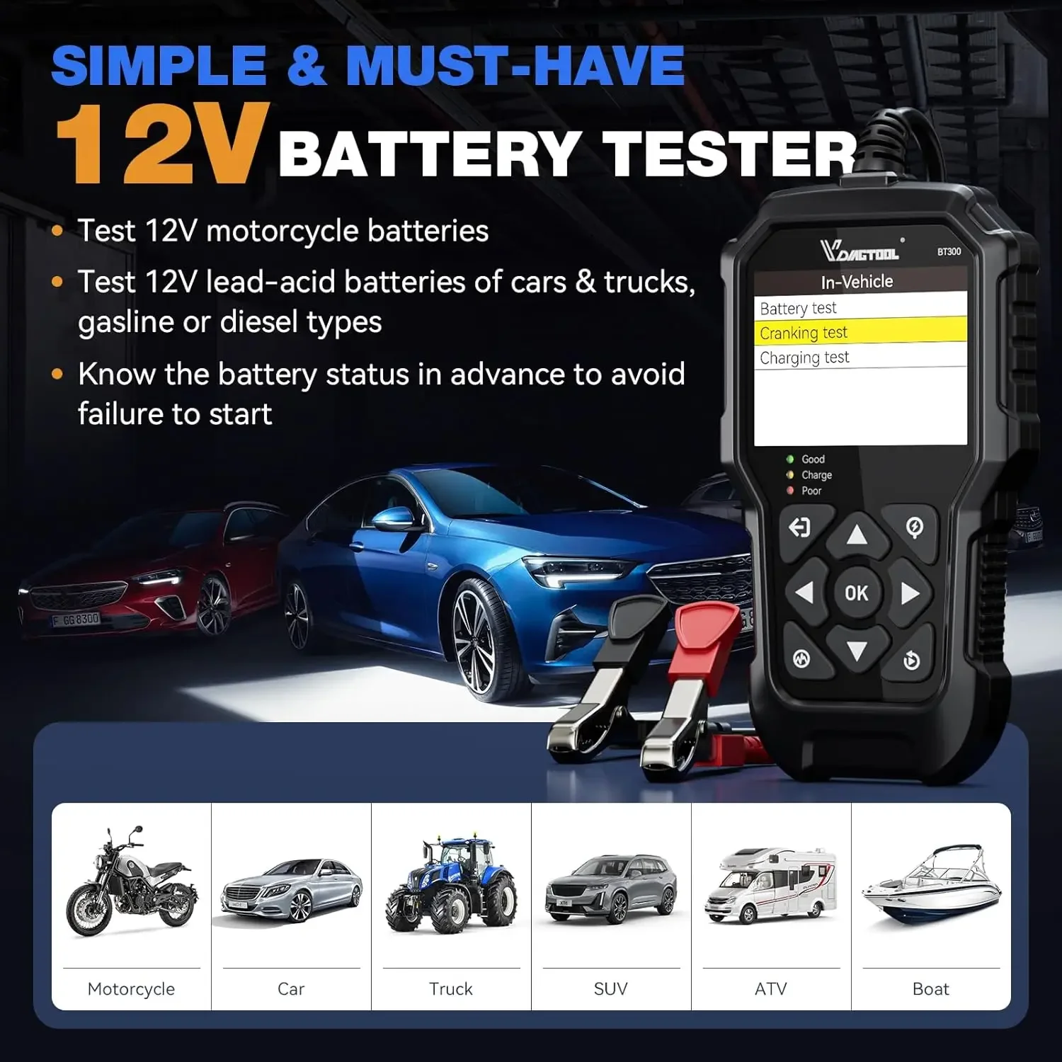 VDIAGTOOL BT300 Car Battery Tester Automotive Diagnostic Charging Cranking Test LED light Waveform playback Print for 6V 12V Car