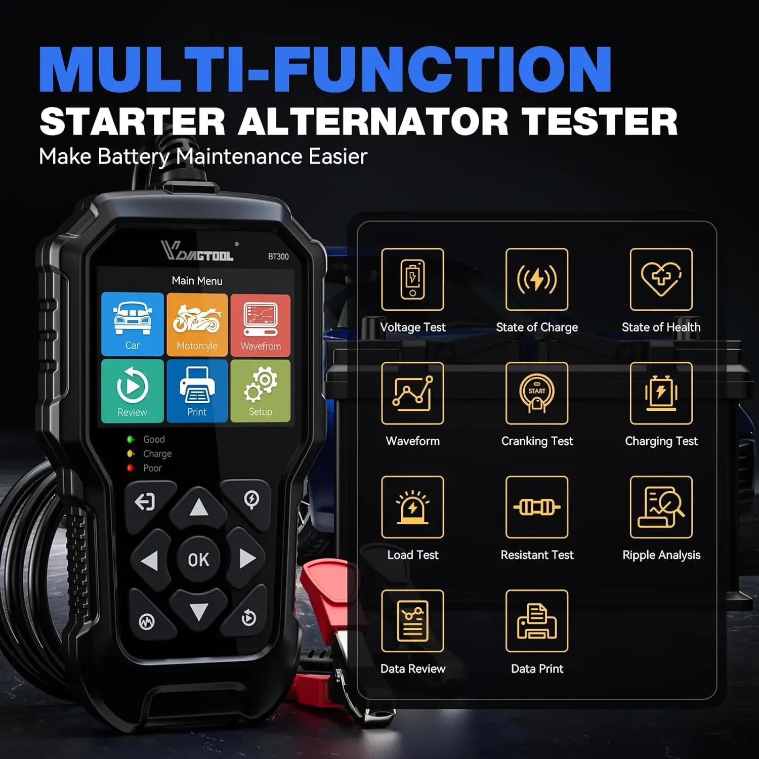 VDIAGTOOL BT300 Car Battery Tester Automotive Diagnostic Charging Cranking Test LED light Waveform playback Print for 6V 12V Car