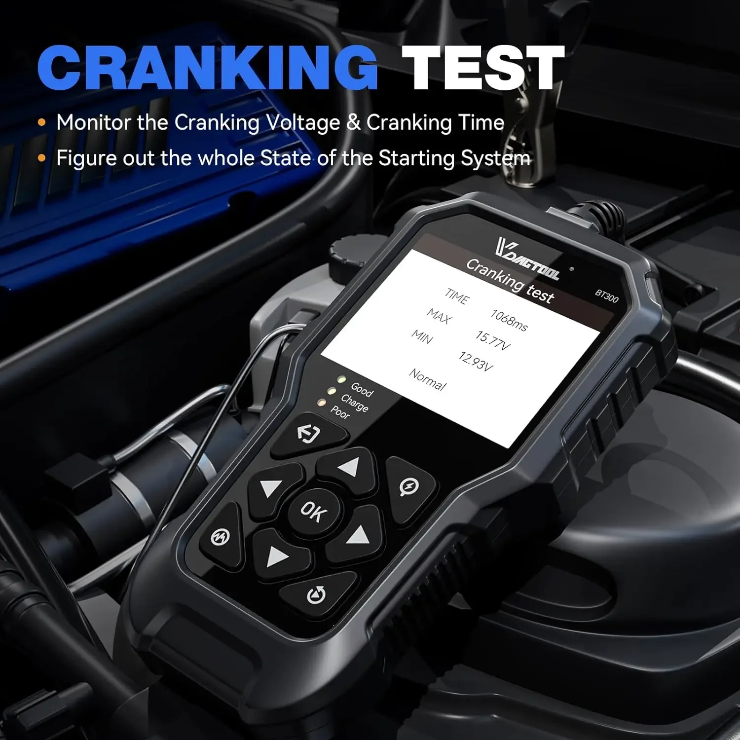 VDIAGTOOL BT300 Car Battery Tester Automotive Diagnostic Charging Cranking Test LED light Waveform playback Print for 6V 12V Car