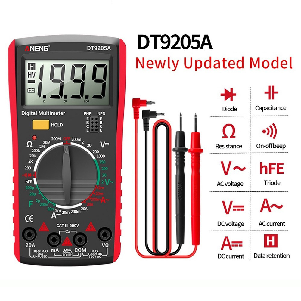 Newly Digital True RMS Professional Multimeter AC/DC Current Tester HFE Ohm Capacitor Voltage Meter Detector Tool DT9205A