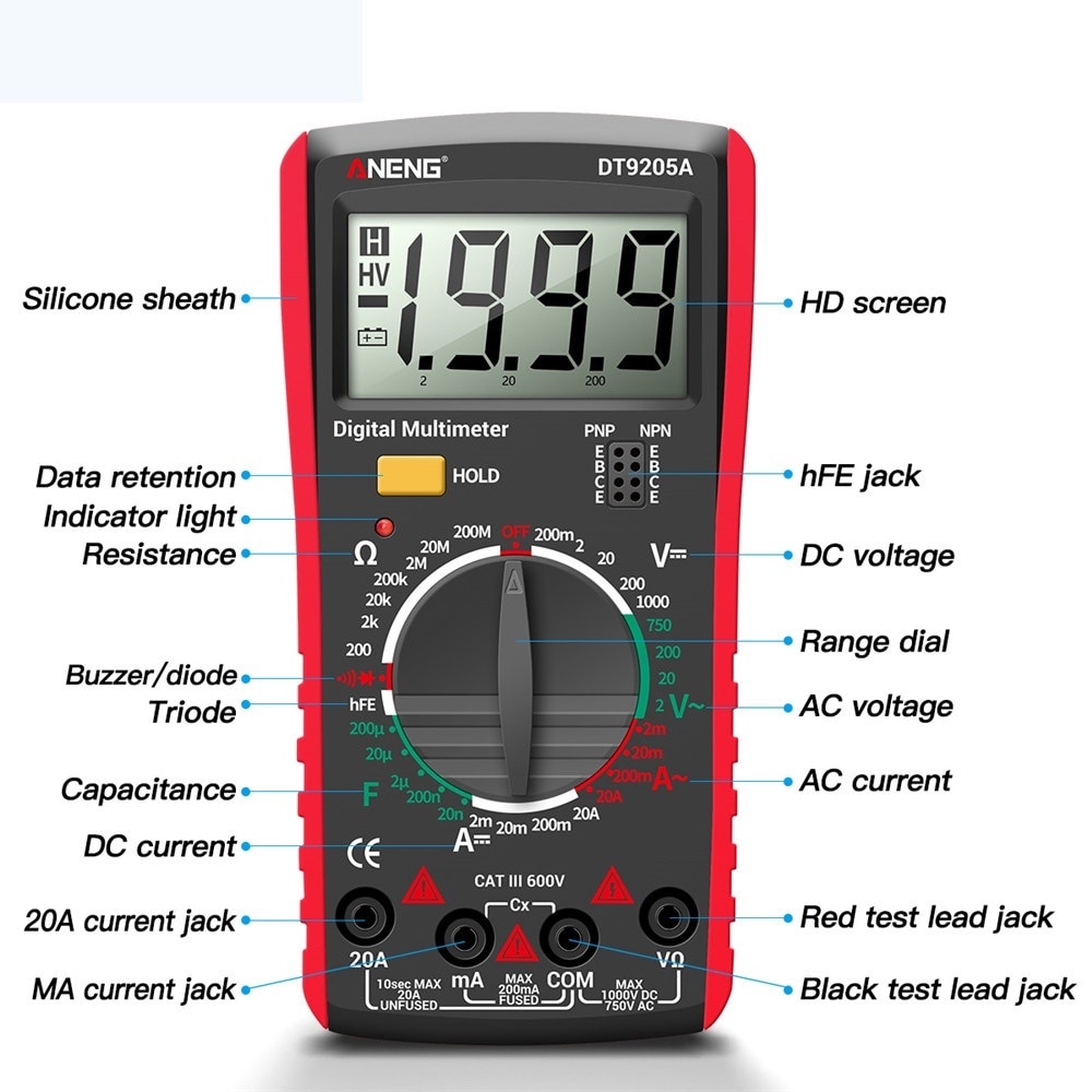 Newly Digital True RMS Professional Multimeter AC/DC Current Tester HFE Ohm Capacitor Voltage Meter Detector Tool DT9205A