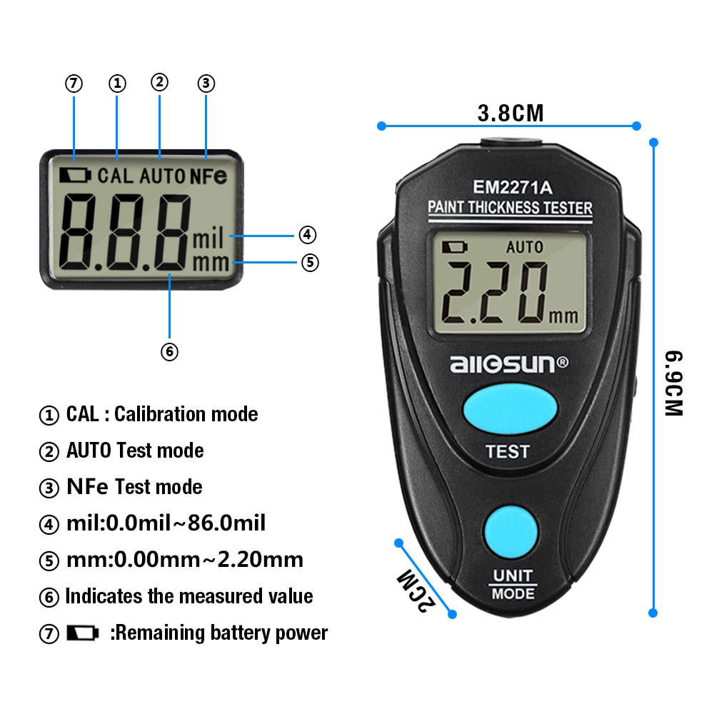 El medidor de espesor digital em2271a fe / NFE 0.00-2.20mm se utiliza en el manual ruso del medidor de espesor del automóvil.