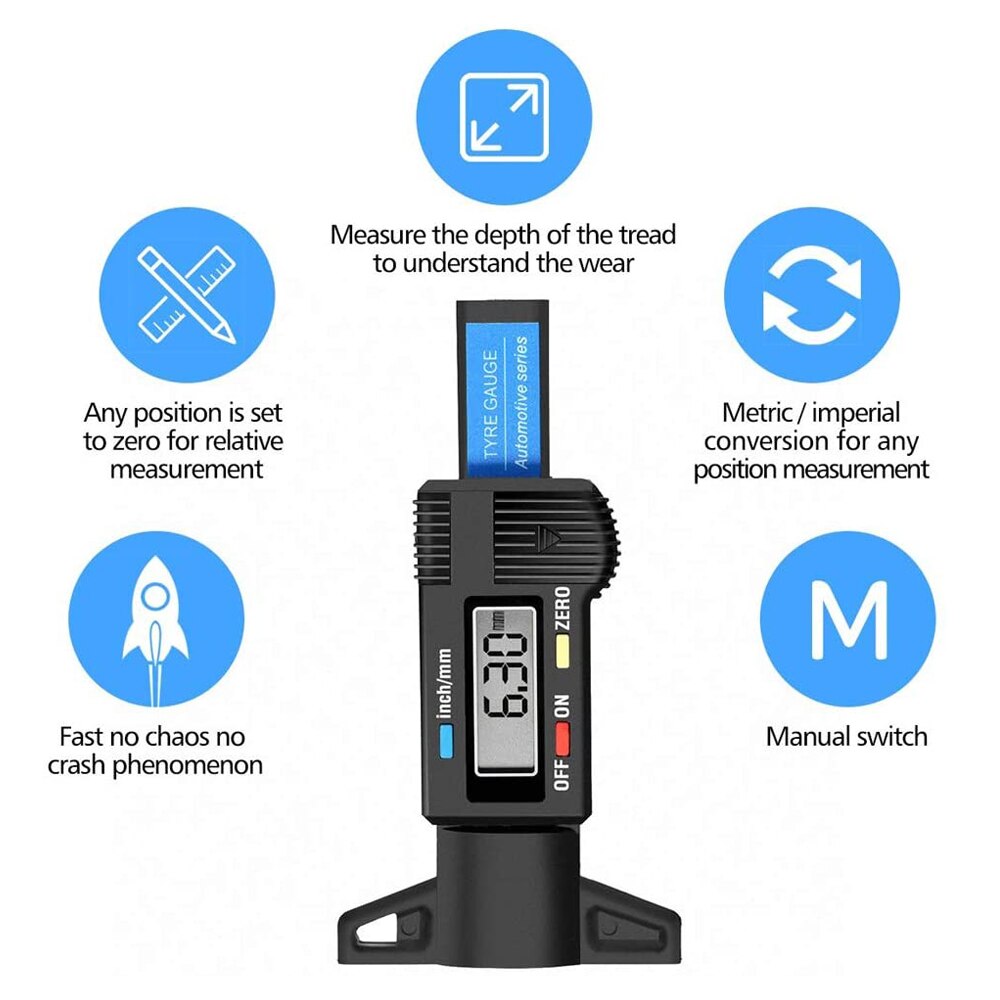 Medidor de profundidad de la banda de neumáticos de automóviles digital LCD monitoreo de medidores de medidores de herramientas de detección de desgaste de neumáticos de automóviles