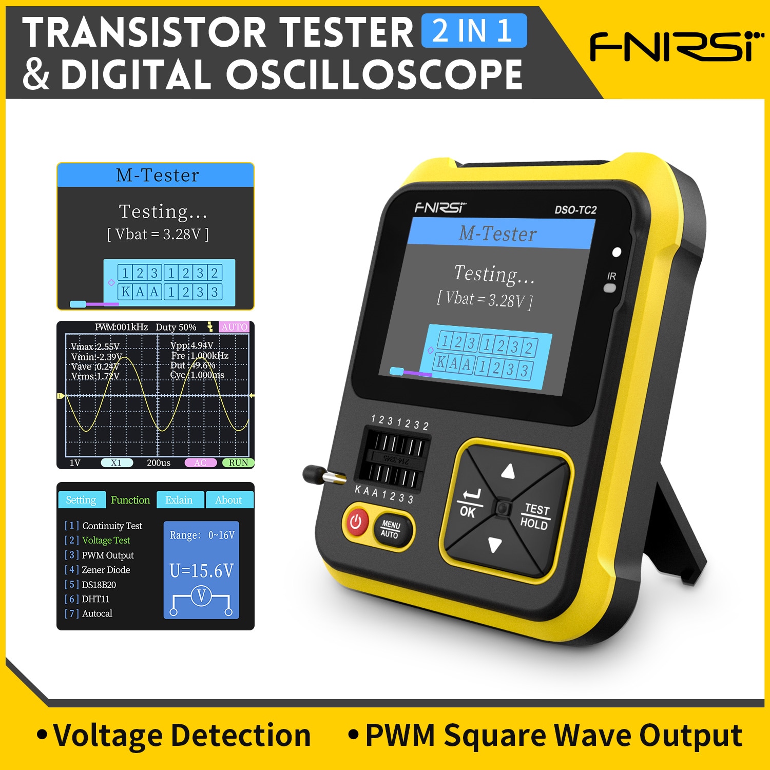 FNIRSI DSO-TC2 Portable Digital Oscilloscope Transistor Tester 2-in-1 Multi-function Multimeter Diode Voltage LCR Detect PWM Out