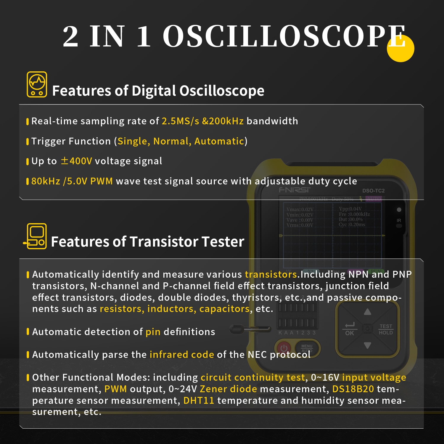 FNIRSI DSO-TC2 Portable Digital Oscilloscope Transistor Tester 2-in-1 Multi-function Multimeter Diode Voltage LCR Detect PWM Out