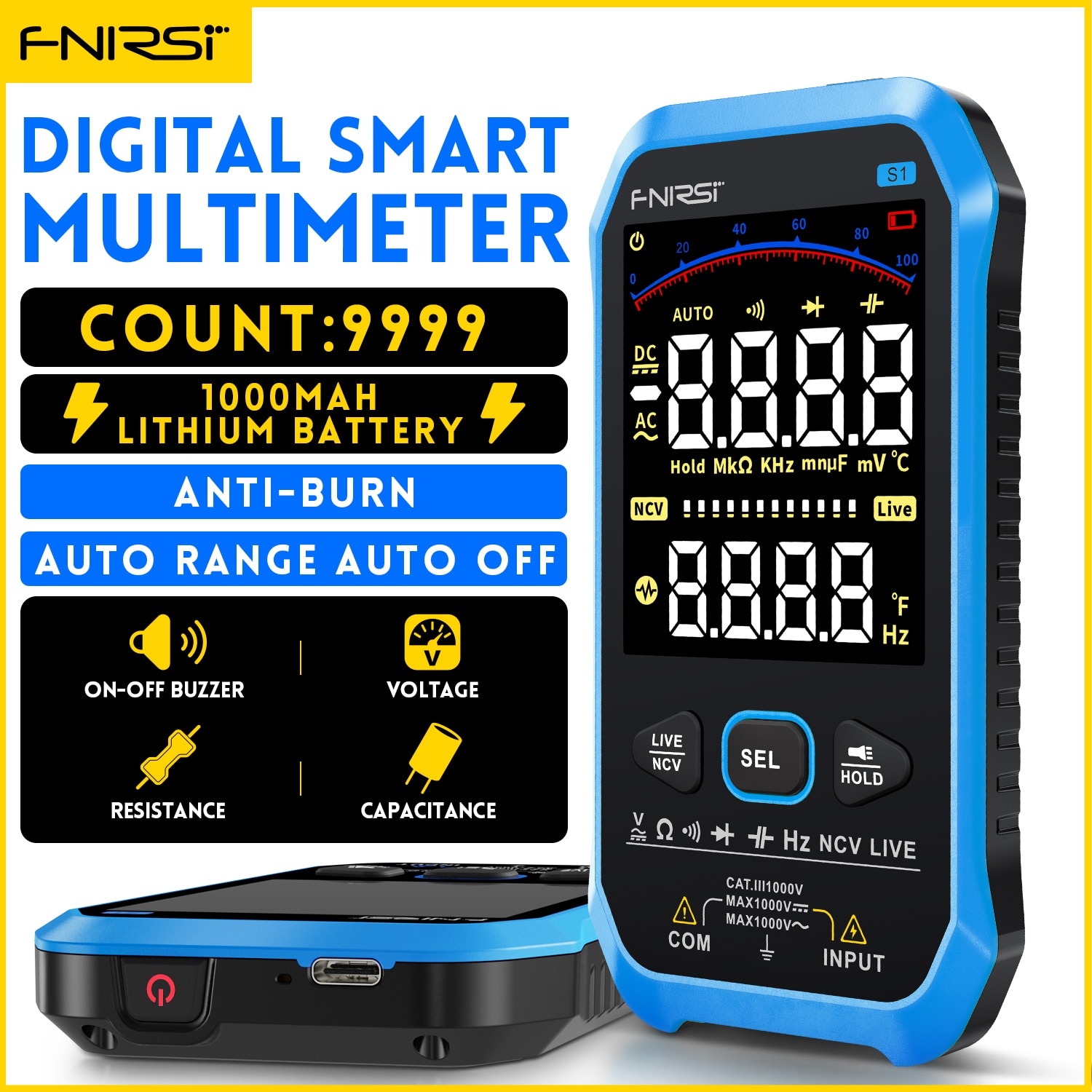 Fnirsi S1 multímetro digital inteligente 9999unts diodos de condensadores de resistencia a la presión AC - DC ncv Hz detector de pantalla de color cargado