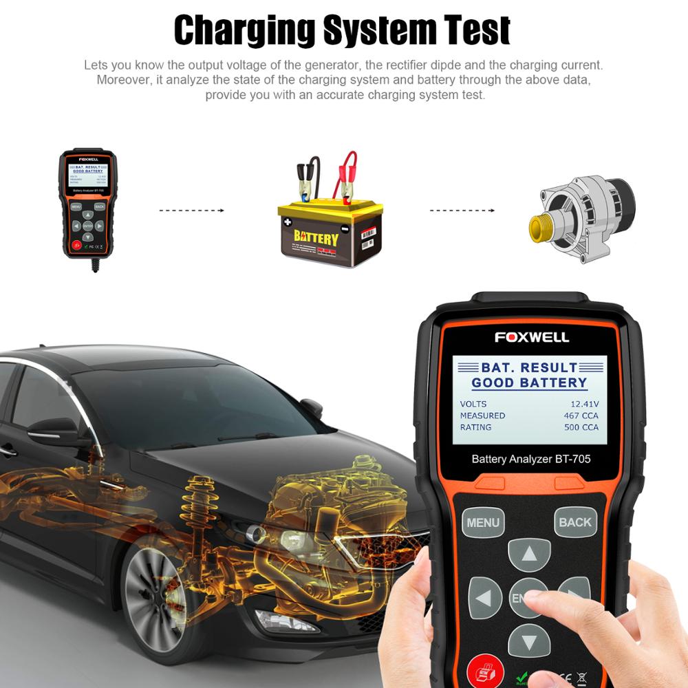 FOXWELL BT705 Battery Tester 100-2000CCA 12V-24V Car Trucks Cranking Stop-Starting Charging System Test Battery Analyzer