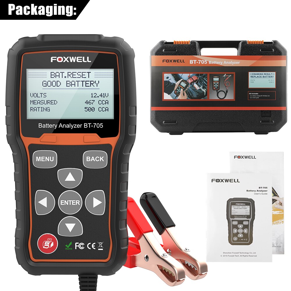 Prueba de batería foxwell bt705 100 - 2000cca 12v - 24V vehículo remolque para detener el arranque del sistema de carga para probar el analizador de batería