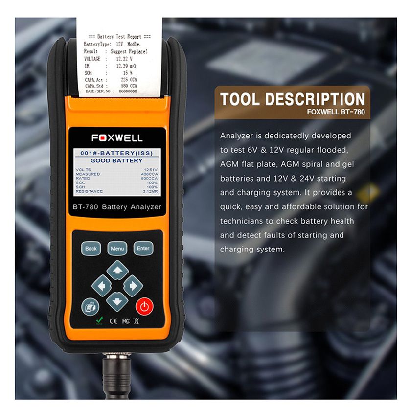 Foxwell bt780 probador de baterías de 12v 0 - 1000a analizador de baterías AGM gel ebp automotriz con impresora incorporada 12v - 24V para iniciar el sistema de carga