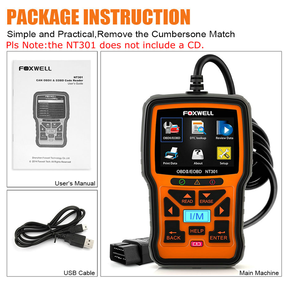 Foxwell NT301 CAN OBDII/EOBD Code Reader Support Multi-Languages