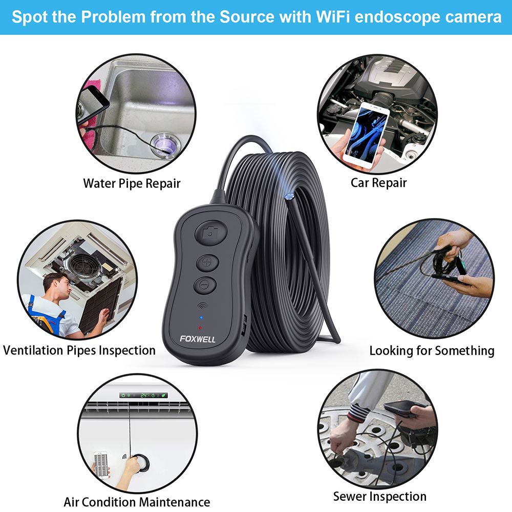FOXWELL WiFi Endoscope 5.5mm Wireless Borescope Inspection Camera 1080P HD Waterproof with Light for iPhone, Android and Tablet