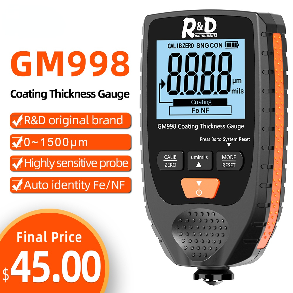 Investigación y desarrollo del medidor de espesor de pintura automotriz gm998 medidor de espesor de recubrimiento metálico de pintura automotriz 0 - 1500um Fe & NFE sonda