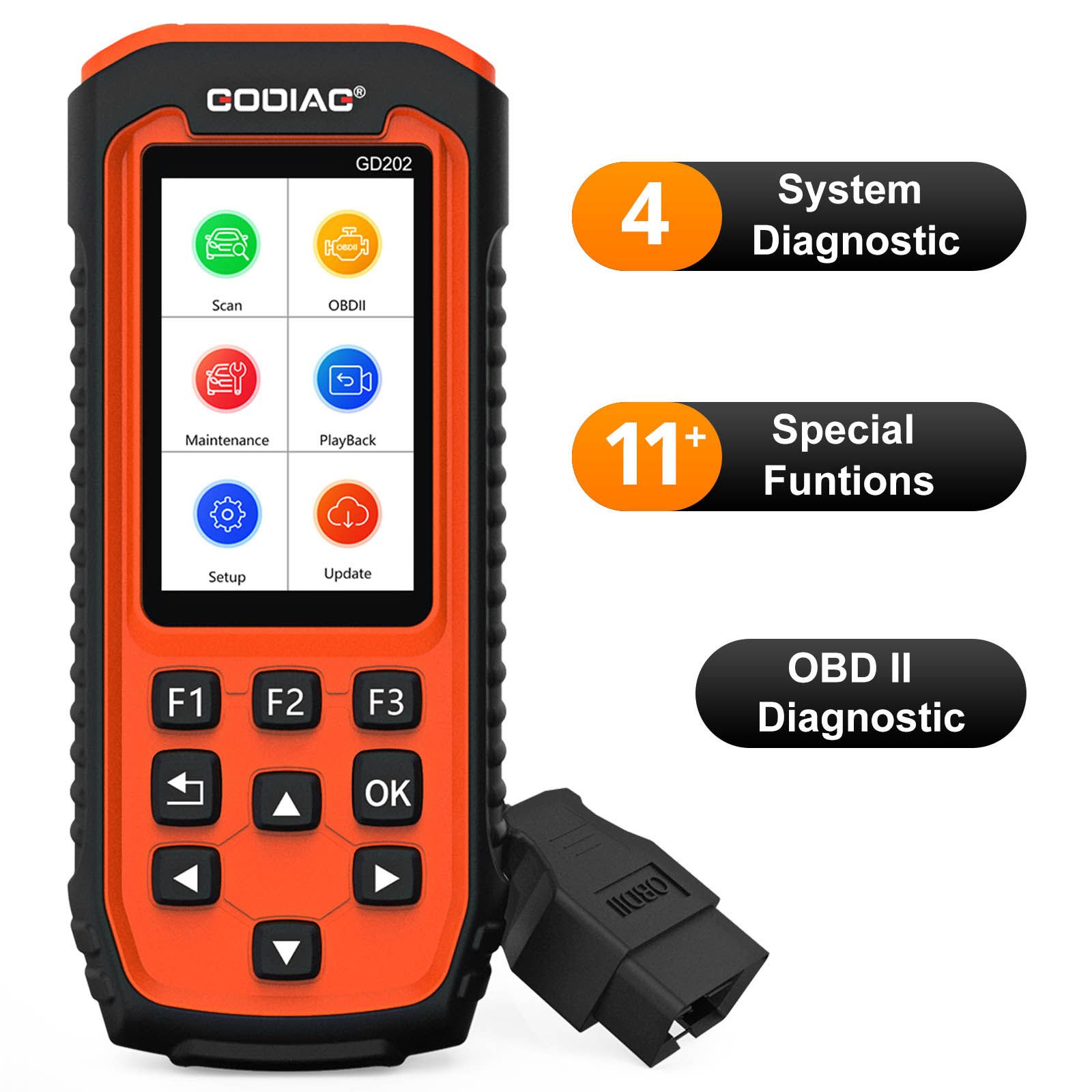 Herramienta de diagnóstico de fallas del sistema de transmisión ABS SRS del motor godiag gd202, con 11 funciones especiales