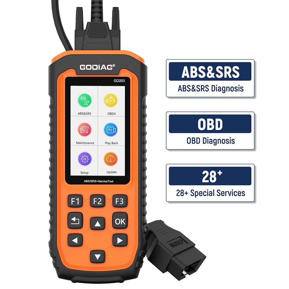 Herramienta de diagnóstico de fallas godiag gd203 ABS / SRS obd2, con 28 funciones de reinicio de mantenimiento, actualización gratuita en línea de por vida