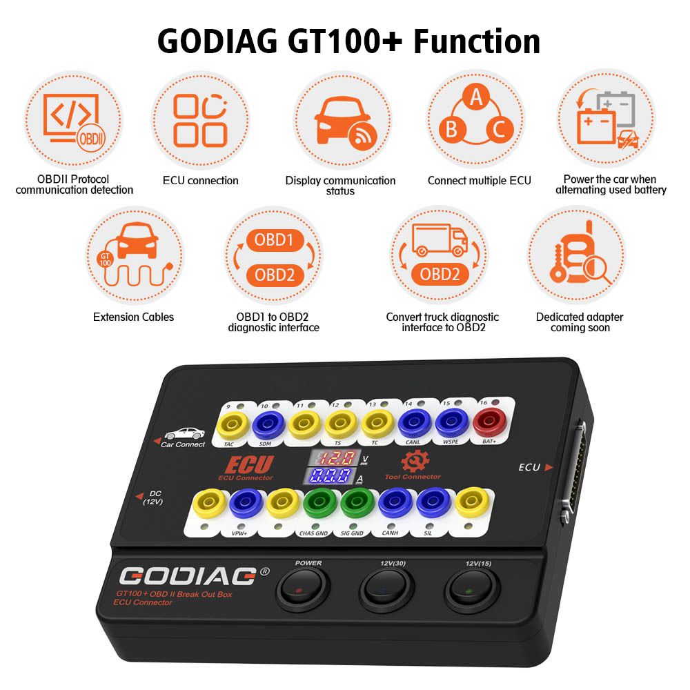 Godiag gt100 + gt100 pro nueva generación de caja de fusibles de visualización de corriente electrónica OBDII