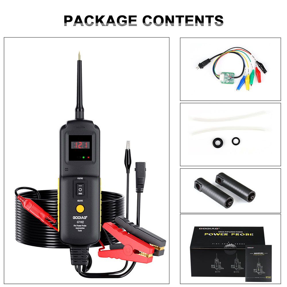 Sonda de alimentación godiag gt102 pirt + búsqueda de fallas en el cable de alimentación del automóvil + limpieza y prueba del inyector + prueba de relevos herramientas de diagnóstico del automóvil