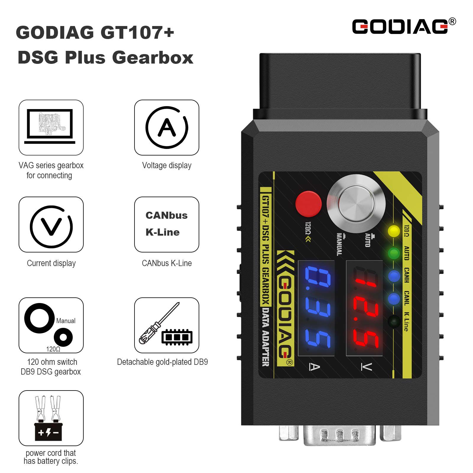 2023 Newest GODIAG GT107+ DSG Plus Gearbox Data Adapter with Voltage Current Display For DQ250 DQ200 VL381 VL300 DQ500 DL501 Benz BMW
