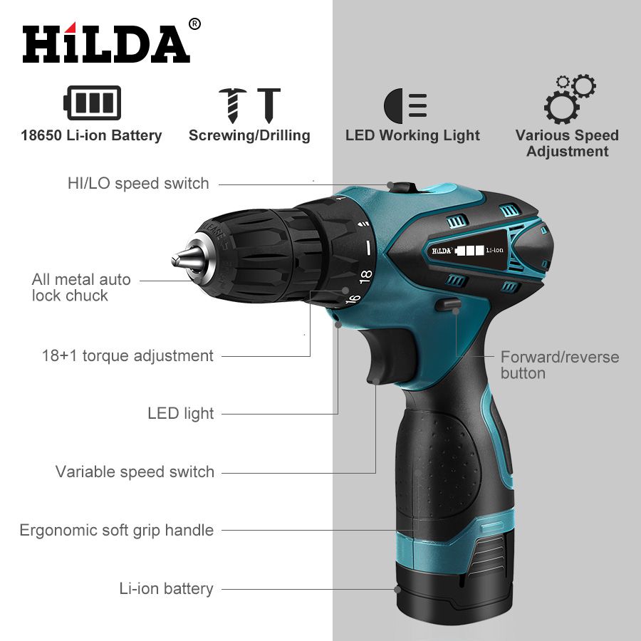 Hilda mini destornillador eléctrico portátil taladro eléctrico batería de litio mini taladro destornillador eléctrico herramienta sin cuerda taladro sin cuerda