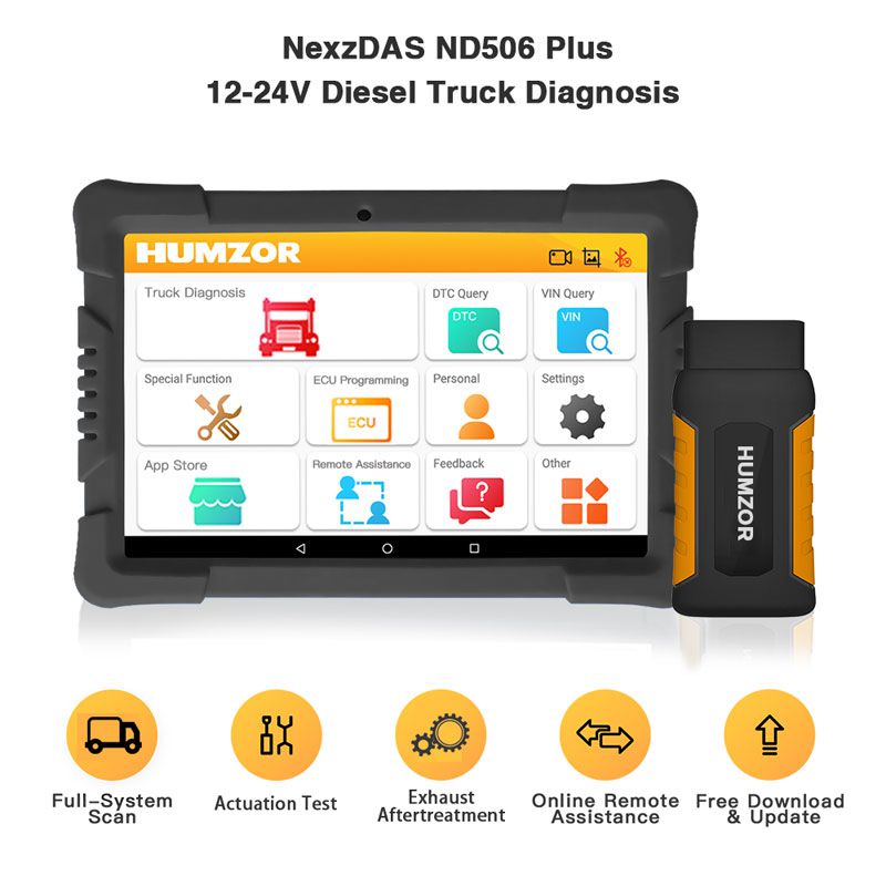 Humzor NexzDAS ND506 Plus Full Version Tablet for 12V-24V Diesel Commercial Vehicles Diagnostic Tool with 10 Converters