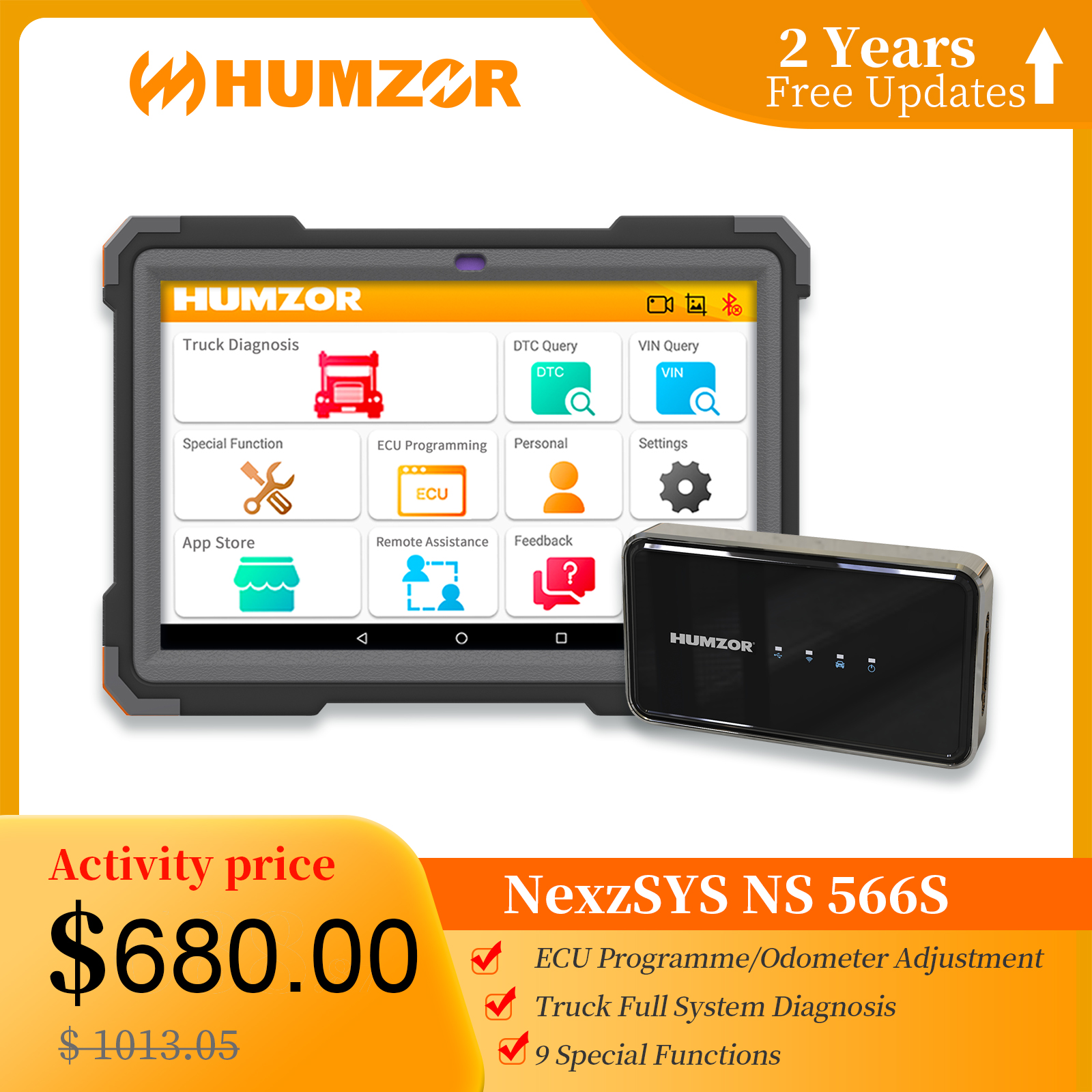 La herramienta de diagnóstico de todo el sistema del motor diesel de camiones pesados humzor ns566s obd2 escáner profesional 9 restablece ABS / DPF / ajuste de kilometraje