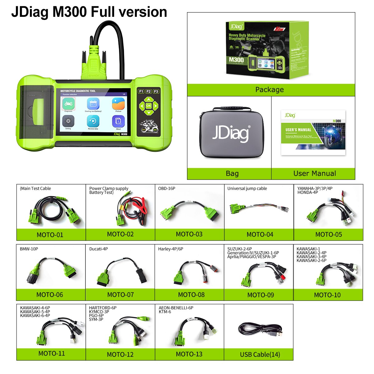 JDiag M300 Motorcycle Diagnostic OBD2 Scanner Moto Diagnose Tool Clear Fault Code ABS Engine For BMW Ducati Harley Honda Yamaha