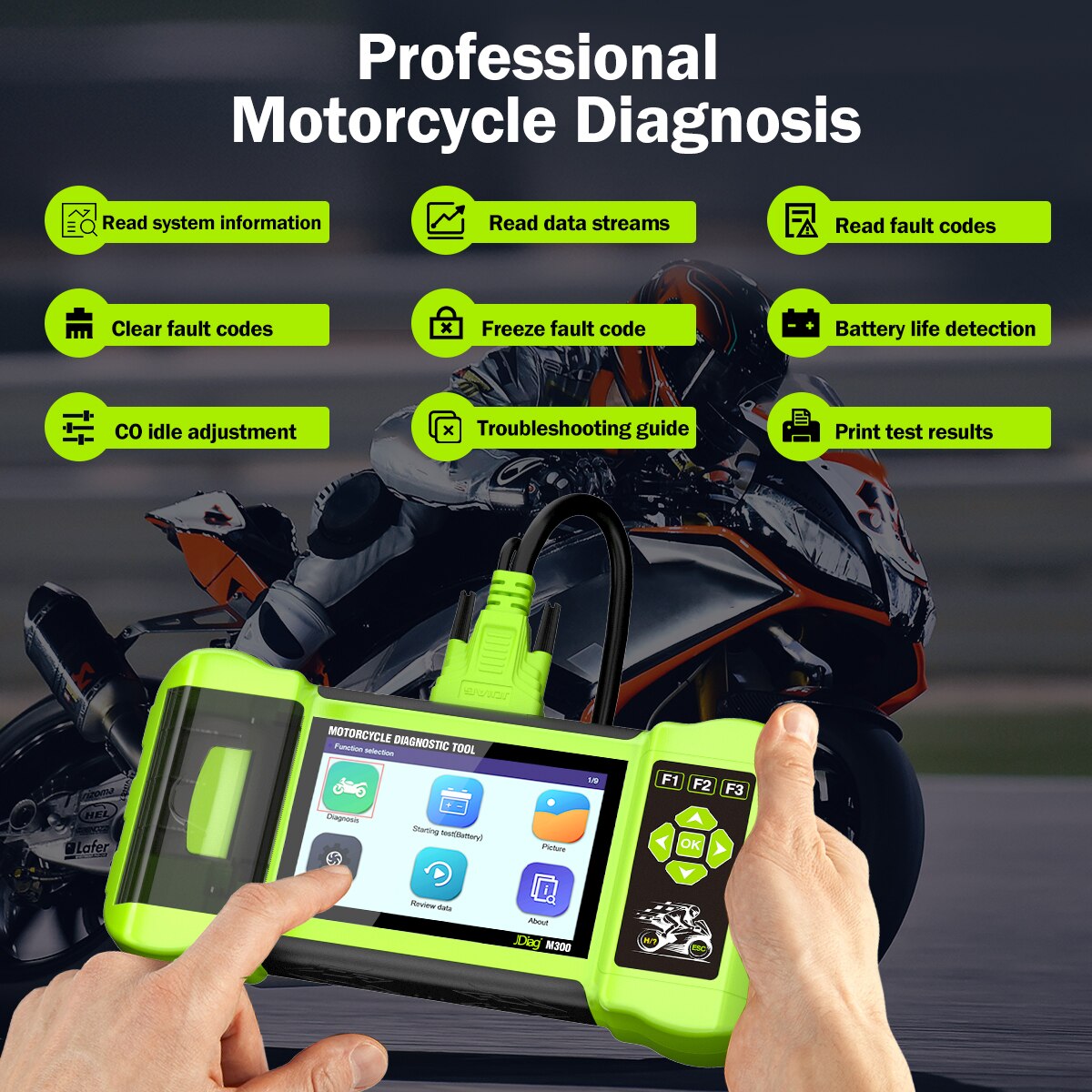 JDiag M300 Motorcycle Diagnostic OBD2 Scanner Moto Diagnose Tool Clear Fault Code ABS Engine For BMW Ducati Harley Honda Yamaha