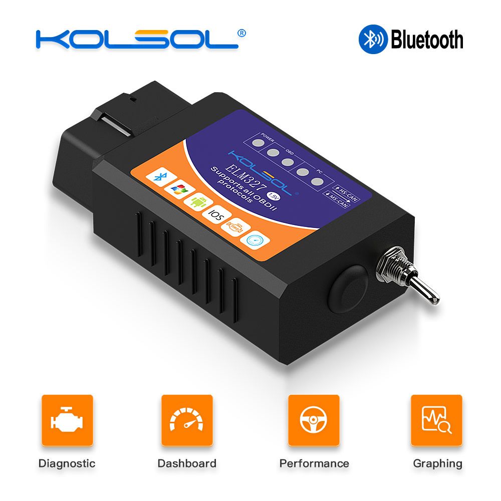 El escáner Bluetooth obd2 V1.5 Elm 327 de kolsol Elm 327, con interruptor modificado para el chip Ford ch340 + 25k80 HS - CAN / MS - can