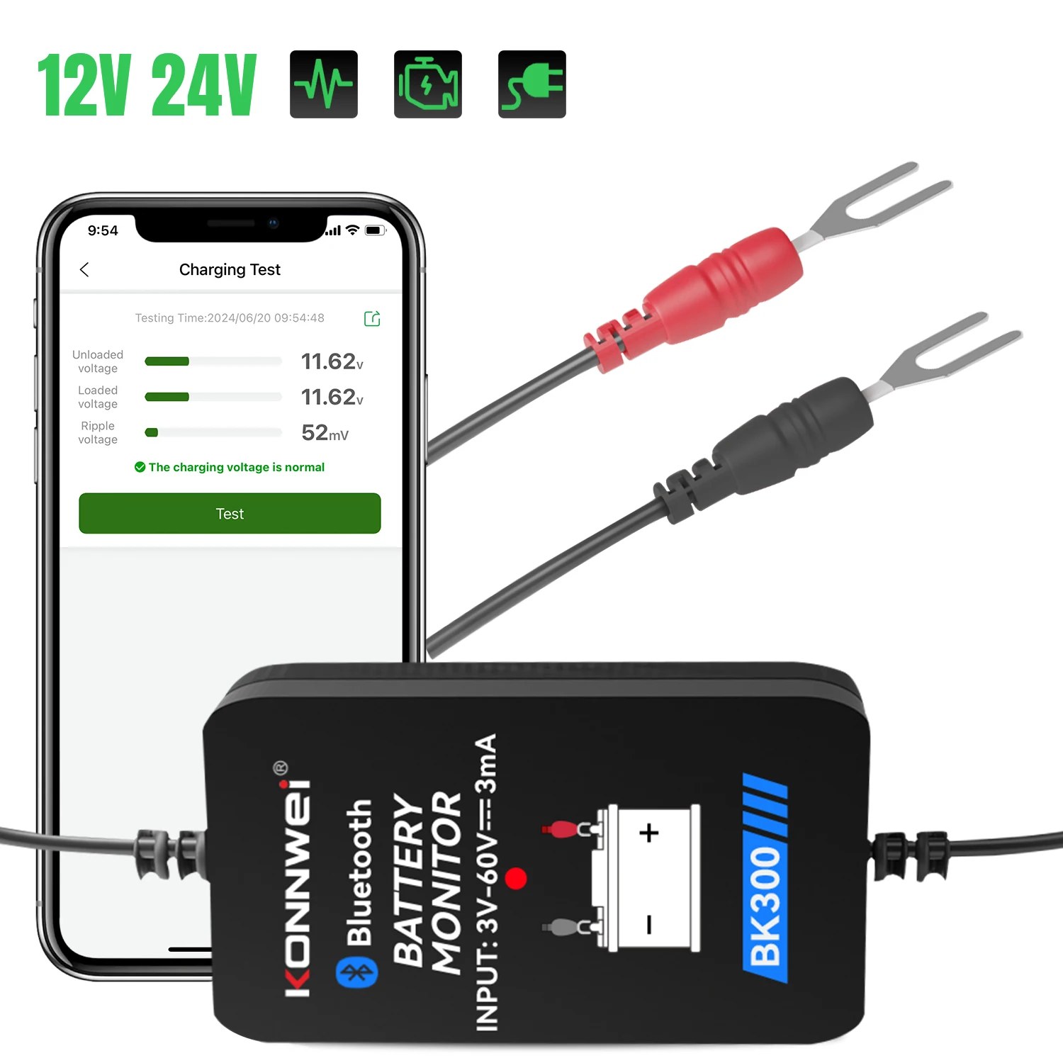 KONNWEI BK300 12V 24V Battery Monitor Wireless Bluetooth Tester Tool LED Display Battery Charging Cranking Test APP Monitoring